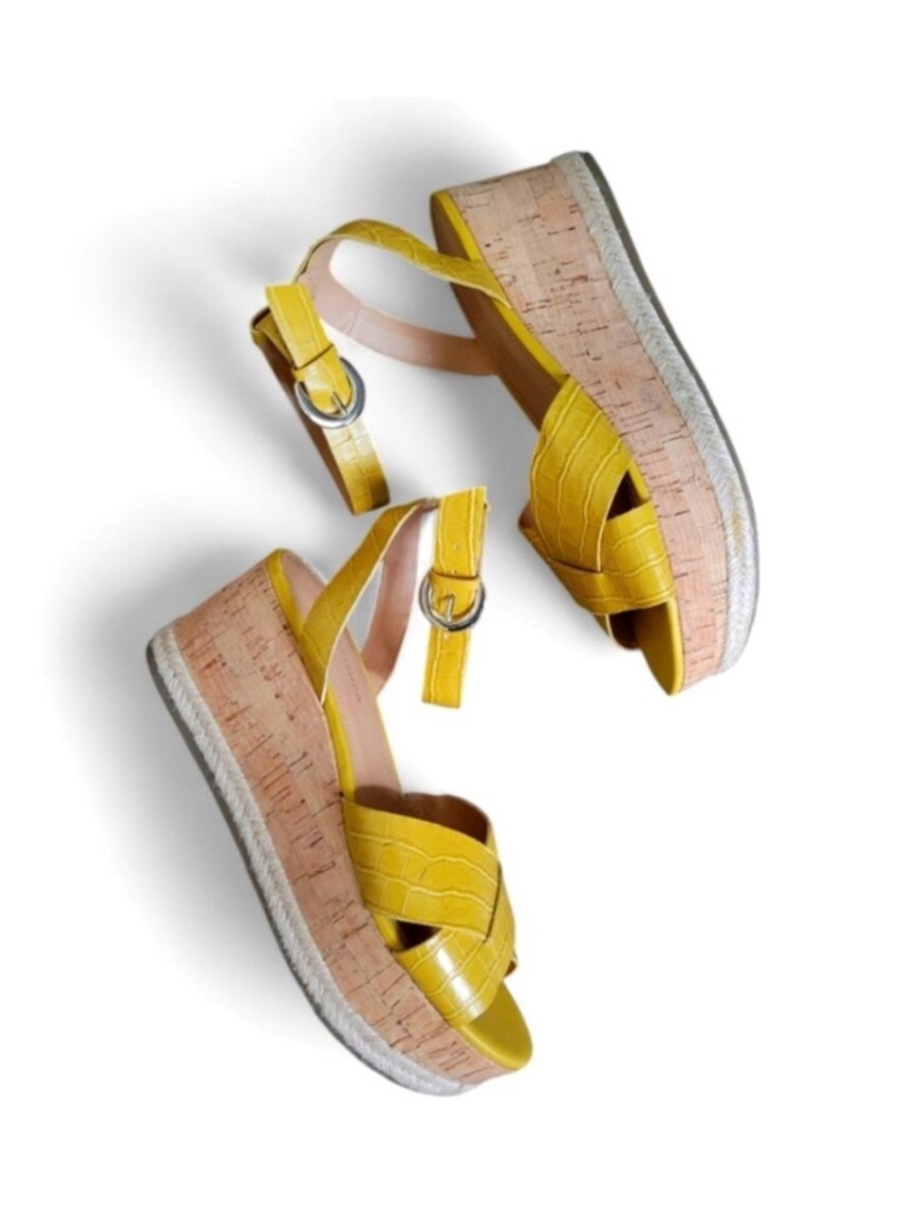 Marc Fisher Carlin Crocodile Embossed Ankle Strap Cork Wedge Sandals